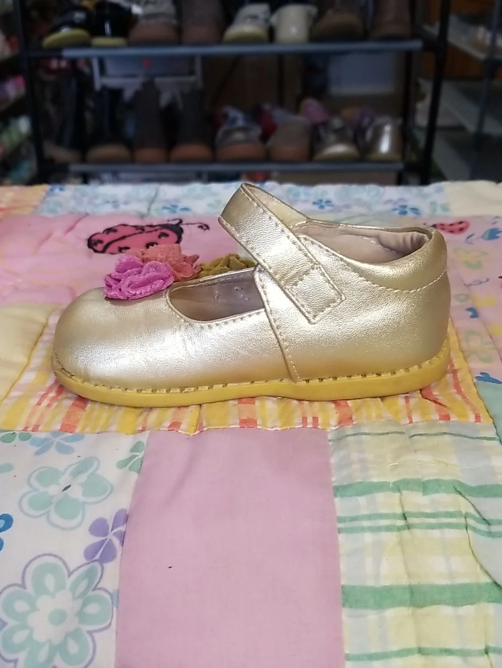 Livie & Luca Metallic Gold Leather Mary Janes w/Pink & Mustard Suede Flowers 6